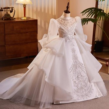 兒童拖尾公主裙高端花童婚禮小女孩女童生日洋氣主持人鋼琴演奏服