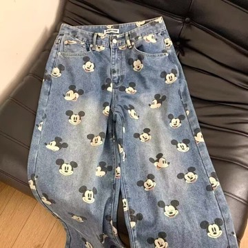 秋冬新款百搭寬鬆闊腿牛仔褲男米老鼠印花休閒褲男