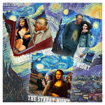 梵高星空聯名蒙娜麗莎歐美潮牌個性惡搞T恤男韓版寬鬆夏季短袖潮