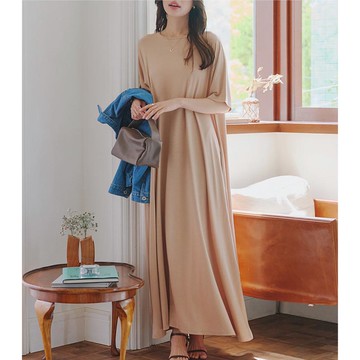 日本 Kobe Lettuce - 接觸冷感 抗皺彈性傘狀長洋裝(袖可選)-卡其