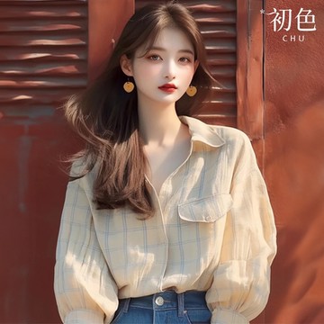 初色 格紋翻領燈籠袖長袖襯衫T恤上衣女上衣-米黃色-37108(M-3XL可選)