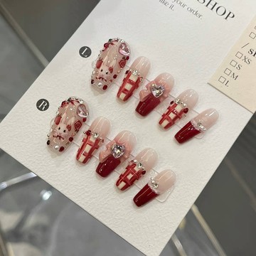 💚Hannah💛新品發售純手工紅色新年顯白兔子草莓粘鑽蝴蝶結少女心穿戴甲