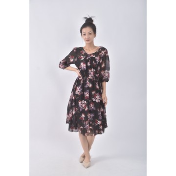 (S) 花紋黑色洋裝二手衣