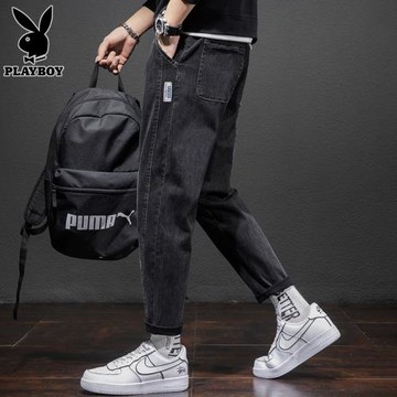 花花公子秋冬季牛仔褲男款潮流修身黑色休閑帥氣加絨小腳長褲子男