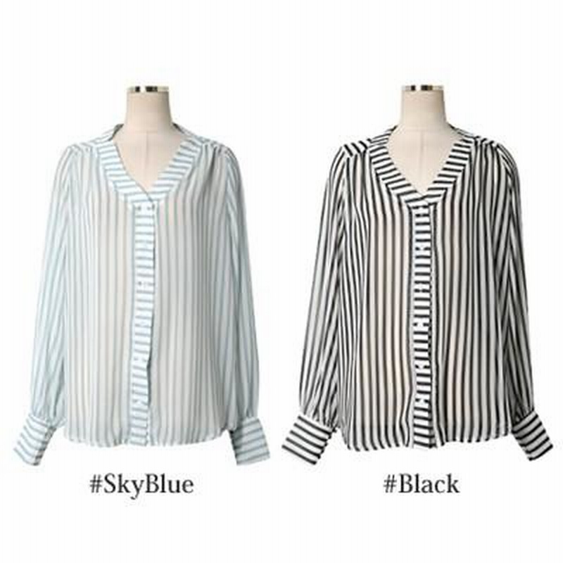 【ts16702】透け感がオシャレでセクシー♪縦ストライプ模様ノーカラー長袖ブラウス 透け感がオシャレでセクシー♪縦ストライプ模様ノーカラー長袖