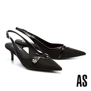 高跟鞋 AS 沉穩優雅晶鑽花朵全真皮後繫帶尖頭高跟鞋－黑