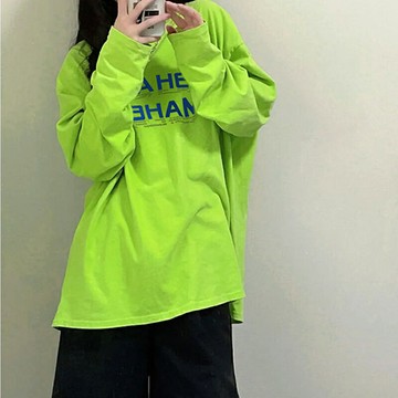 美式復古熒光綠長袖t恤女春秋2021新款設計感小眾寬松學生上衣服
