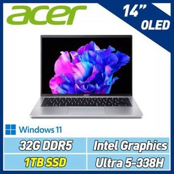 Acer 宏碁 Swift Go SFG14-I71-554R 14吋OLED輕薄特仕筆電(Ultra 5-338H/32G/1TB SSD/Win11/銀)