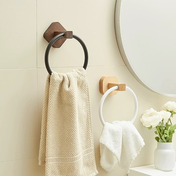 【好物良品】免釘胡桃木鋁合金多功能毛巾置物架深胡桃木＋黑掛環