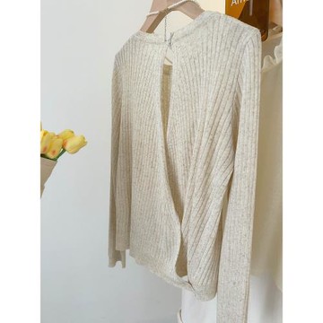 韓系露背套頭針織衫女春秋長袖毛衣內搭打底衫設計感小眾開叉上衣