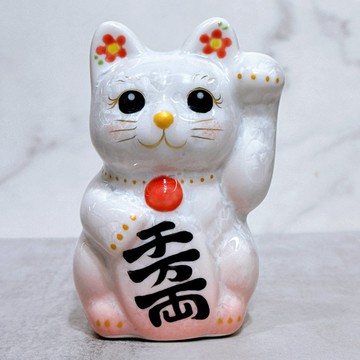 【桃白千万】日本清水燒招財貓 | 花結晶 桃白 左 特小
