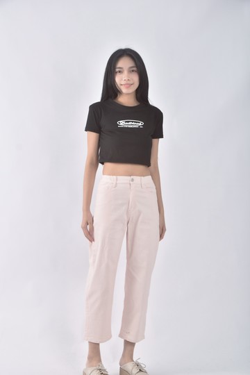 (S) uniqlo高腰質感丹寧牛仔棉質粉色長褲