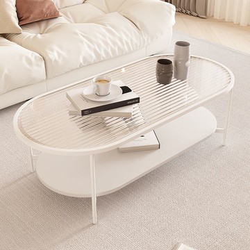 客廳茶幾橢圓形雙層簡約現代家用北歐奶油風小戶型長虹玻璃茶幾桌