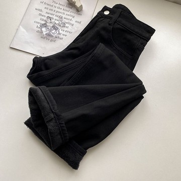 加絨牛仔褲女新款冬季直筒褲高街ins潮闊腿褲哈倫加厚褲子