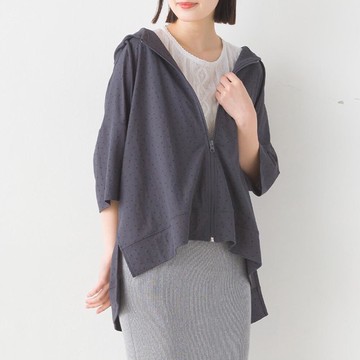 日本 OMNES - 接觸涼感 五分袖抽繩連帽外套-炭灰x黑點