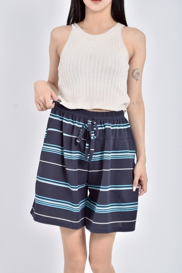 (S) 鬆緊腰條紋藍色短裙