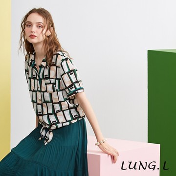 LUNG.L林佳樺 綠色格紋印花綁結短袖上衣LN94A