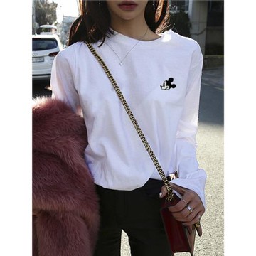 2024新款春秋裝刺繡米奇t恤女長袖寬松內搭純棉打底衫上衣ins超火