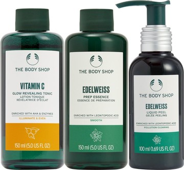 【THE BODY SHOP】發光修護組 (維他命C亮膚調理水-150ml*1+雪絨花導入菁萃露-150ml*1 贈任1 雪絨花 / 維他命C去角質更新液-100ml )