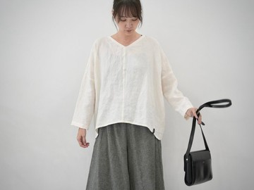 比利時亞麻寬鬆長袖上衣 乳白色 No.370