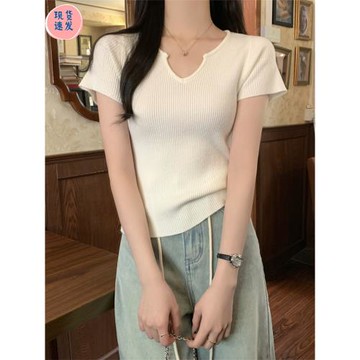 獨特設計感夏季2025年新款韓系v領顯瘦針織短袖t恤女短款小衫上衣