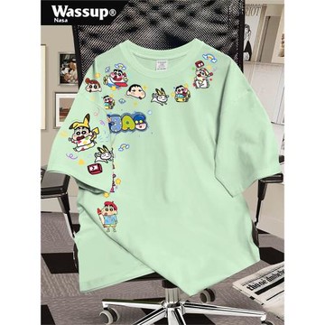 天青色純棉短袖t恤男女夏季爆款蠟筆小新設計感印花高級情侶上衣