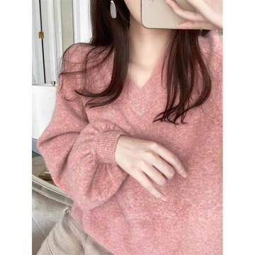 毛衣 針織 打底 上衣 秋冬款浣熊絨V領毛衣女韓版寬鬆慵懶燈籠袖套頭打底針織衫