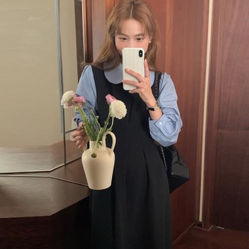 韓國chic秋季法式復古娃娃領撞色拼接假兩件設計收腰長袖連衣裙女