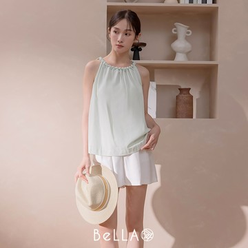 【買2送1】BeLLA  削肩傘擺素面背心 綠色