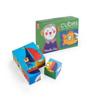 法國 Moulin Roty 立體六面拼圖積木-繽紛動物樂