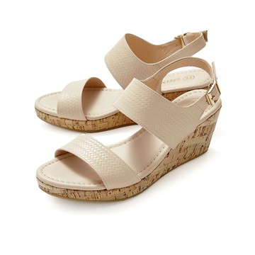 GREEN PINEMIT職人真皮編織壓紋厚底楔型涼拖鞋 杏色 (00419235)