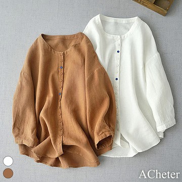 【ACheter】圓領寬鬆水洗亞九分袖襯衫日系純色舒適文藝短版上衣# 119022 (現貨+預購)
