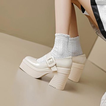 10cm超高跟粗跟增高單鞋女真皮皮帶扣一字帶瑪麗珍鞋防水臺松糕鞋