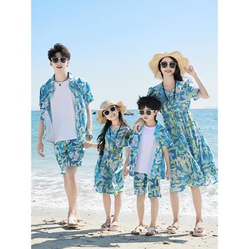 三亞海邊度假懷舊復古港風親子裝一家三口四口母女沙灘裙子花襯衫