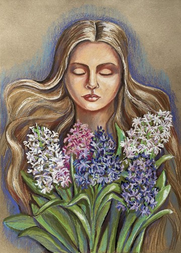 肖像女孩 gihyacinths 花束油畫棒畫喘息春天的花束