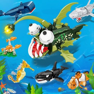 開智積木兒童益智拼裝玩具男孩拼圖海洋動物鯊魚模型禮物