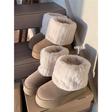 原小白白增高厚底加絨水貂毛厚底毛毛短靴女保暖雪地靴冬季