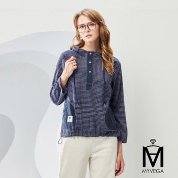 MYVEGA麥雪爾 MA連帽格紋下擺抽繩上衣-藍