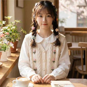 日系軟妹森女風小清新立體花朵拼接刺繡麻花針織開衫外搭疊穿馬甲