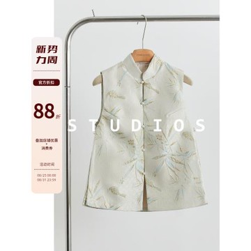 新中式中國風圓領盤扣竹鳥印花坎肩馬甲2025春款女裝清冷禪意背心
