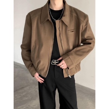 美式復古休閒做舊棕色機車皮衣外套男 小眾設計感短版墊肩立領夾克