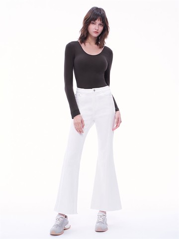 潮流最新內刷毛毛邊喇叭褲-白