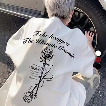 【當天出貨 玫瑰大印花】280g純棉重磅短T圓領短袖T恤美式短袖上衣男生衣服大尺碼Oversize T恤落肩寬鬆上衣男生