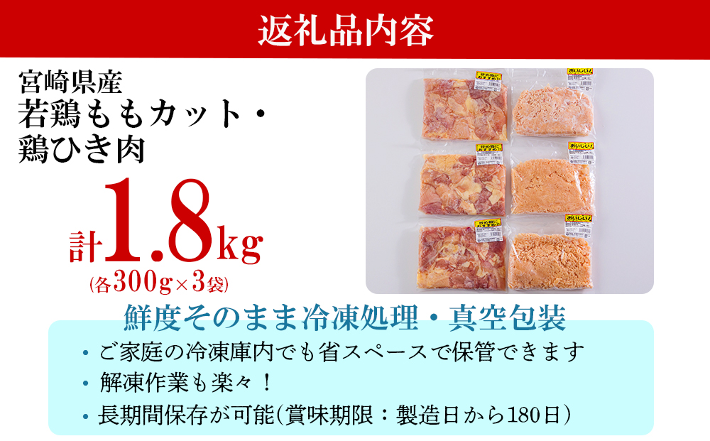 宮崎県産 鶏肉 2種 セット もも肉 ひき肉 小分け 1.8kg 各300g×3袋 冷凍 鶏 肉 送料無料 炒め物 煮込み 唐揚げ 照り焼きチキン 焼き鳥 丼 つくね そぼろ煮 詰め合わせ 真空包装 挽き肉 ミンチ