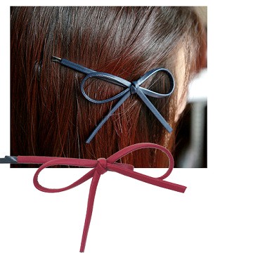 Charme 韓國流行 皮革蝴蝶結造型一字夾 酒紅色