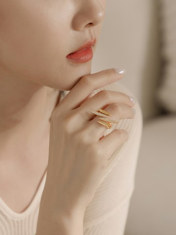 時髦幾何造型鋯石開口戒指