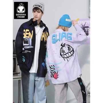 GENANX閃電潮牌上衣襯衫男y2k風漸變色潮流印花時尚情侶長袖襯衣