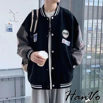 【HanVo】男款美式標籤棒球外套 潮流寬鬆夾克外套 日常休閒男裝 男生衣著 B08-8013