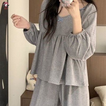 台灣出貨 蘭色系蝴蝶結簡約蕾絲邊睡衣女秋冬新款舒適百搭休閒家居服套裝韓版睡衣睡衣女家居服套裝居家服長袖睡衣