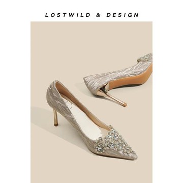 LOSTWILD香檳色中式秀禾主婚紗婚鞋2024新款夏兩穿水晶伴娘高跟鞋